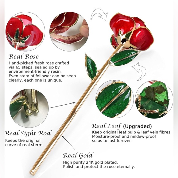 SINVITRON NWB REAL GOLD DIPPED RED ROSE WITH STAND AND CERTIFICATE -GORGEOUS - Picture 2 of 4